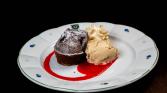 Chocolate fondant with raspberry sauce and homemade ice cream